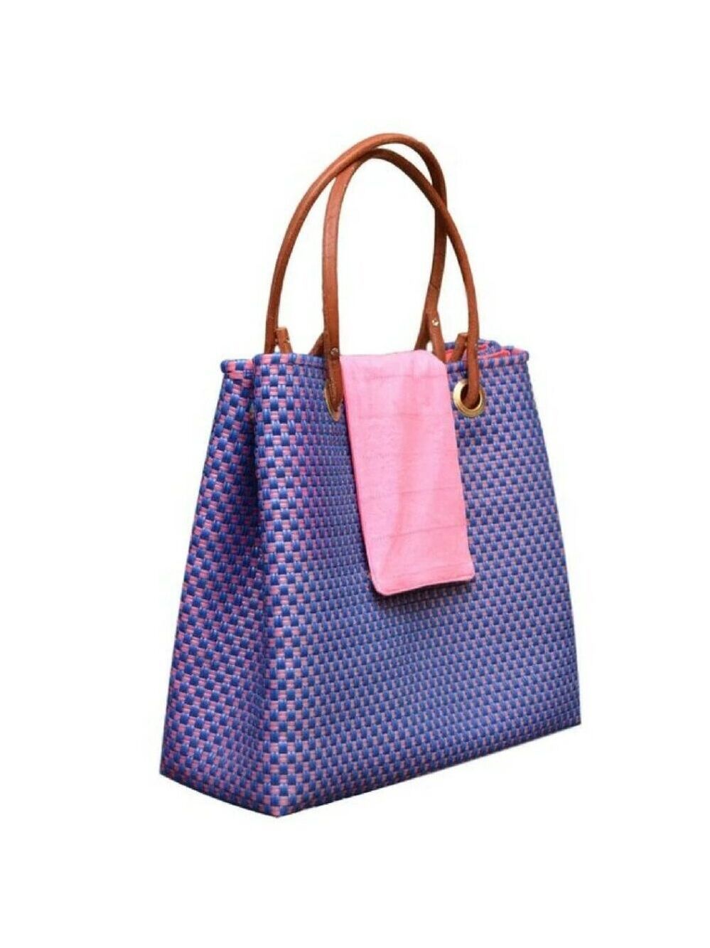 Boho Handbag Handcrafted in Oaxaca Mexico Upcycled Plastic Blue & Pink